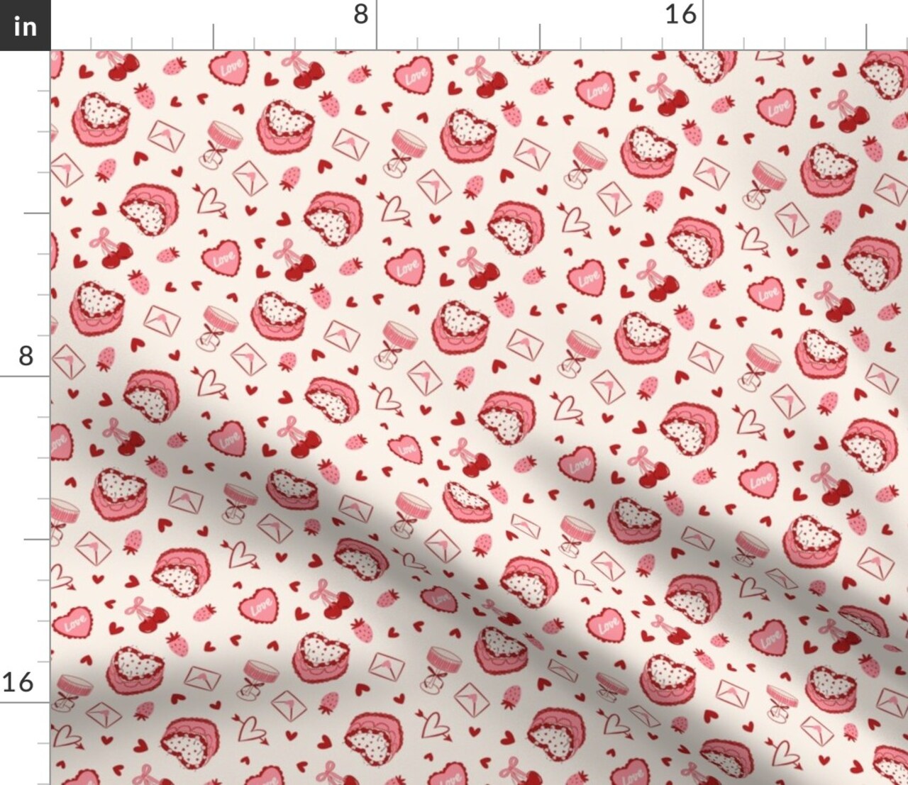 Hearts Valentine Cherries Strawberries Pink Love Romance Small Scale Party Envelope Be Mine Cake Girly Novelty Valentine'S Party Brunch Tea Custom Printed Fabric by Spoonflower Various Fabrics by the Yard or Fat Quarter